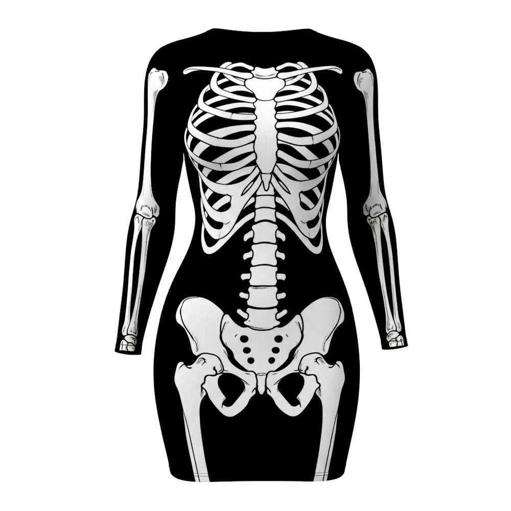 NEW 2XL 18 Plus Skeleton Black Bodycon Halloween Costume Dress Long Sleeve Mini